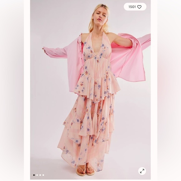 Free People Dresses & Skirts - NEW Free People Stop Time Floral Pink Halter Ruffle Tiered Blush Maxi Dress XS